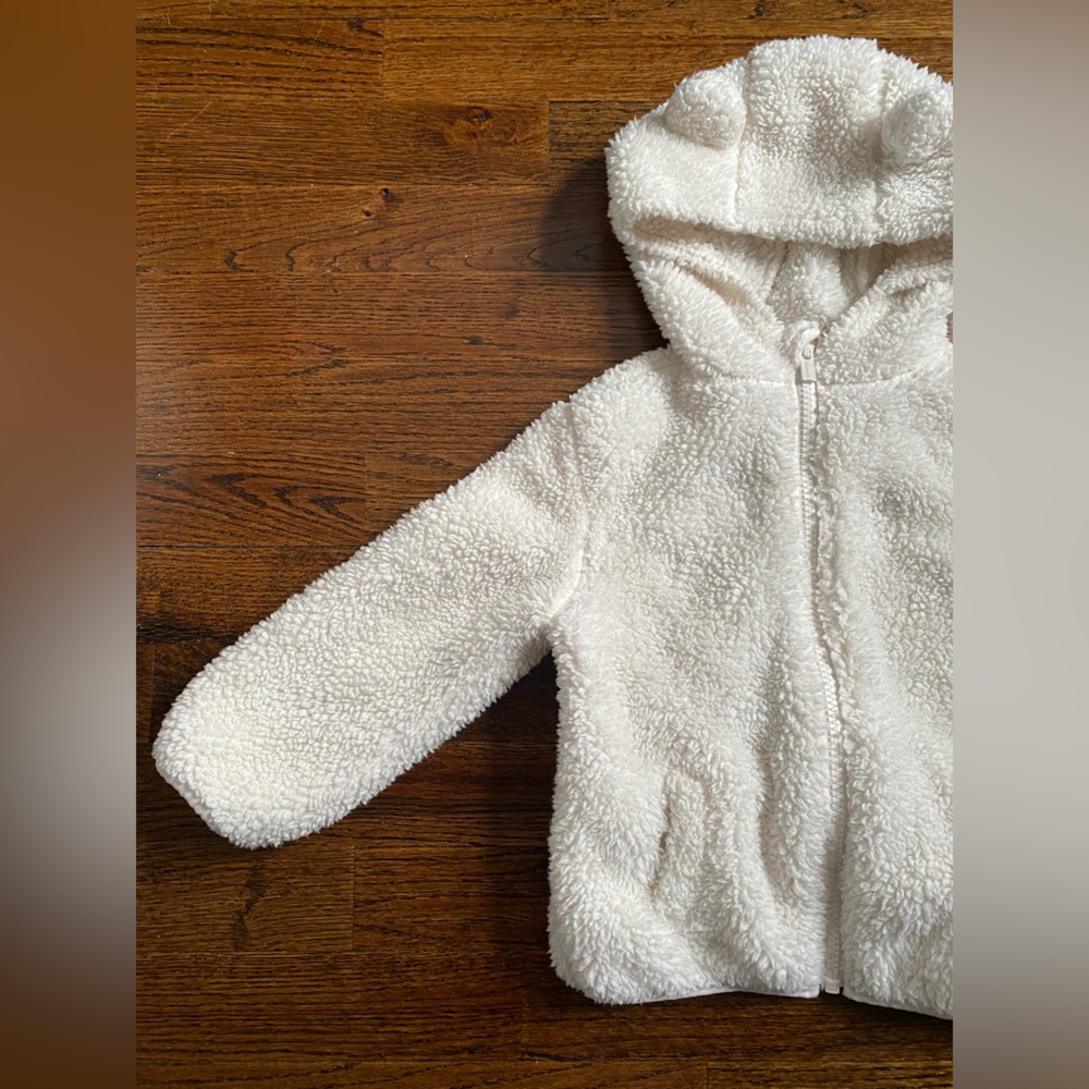 3T toddler girl sherpa fleece zip up hoodie Old Navy Cream White Jacket bear ear - Picture 2 of 16